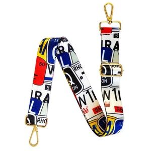 NWT Adjustable Crossbody Strap License Plate Print with gold hardware